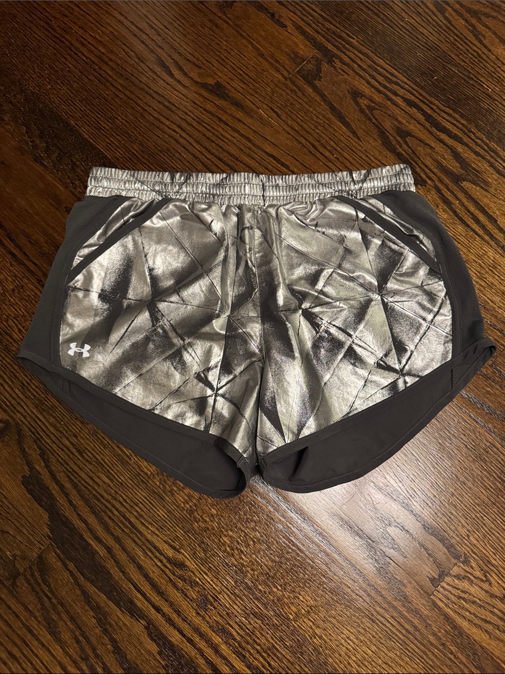 Under Armour Women's Metallic Silver Athletic Shorts with Side Pockets
